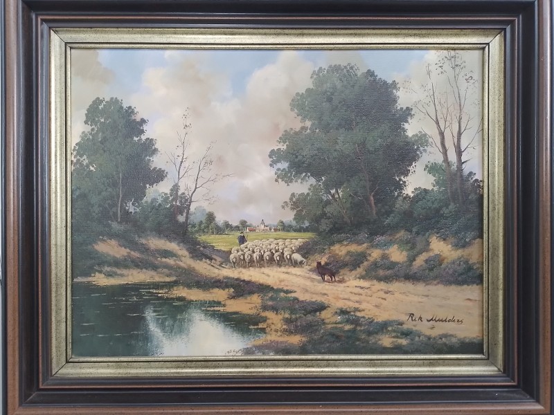 Schilderij 'Herder met kudde op weg naar het dorp' - Rik Mulders